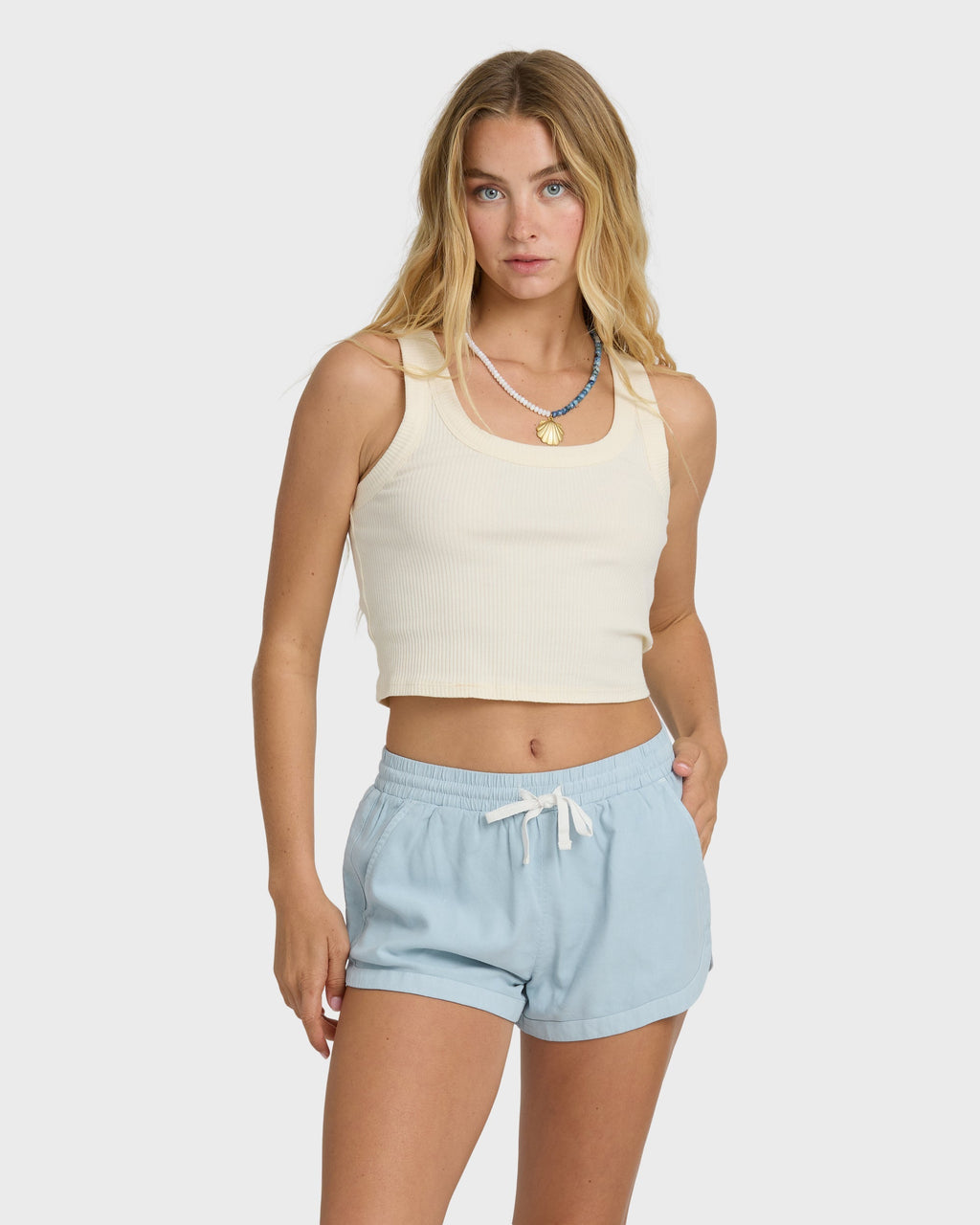 Road Trippin Elastic Waist Shorts - Washed Chambray